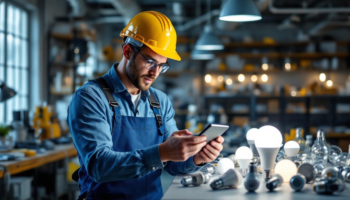 A photograph of a lighting contractor examining a range of modern light bulbs in a well-lit workspace