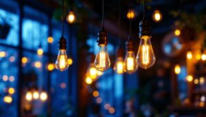 A photograph of a beautifully lit indoor space featuring gas lights