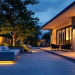 A photograph of a beautifully designed outdoor space illuminated by stylish solar fixtures at dusk