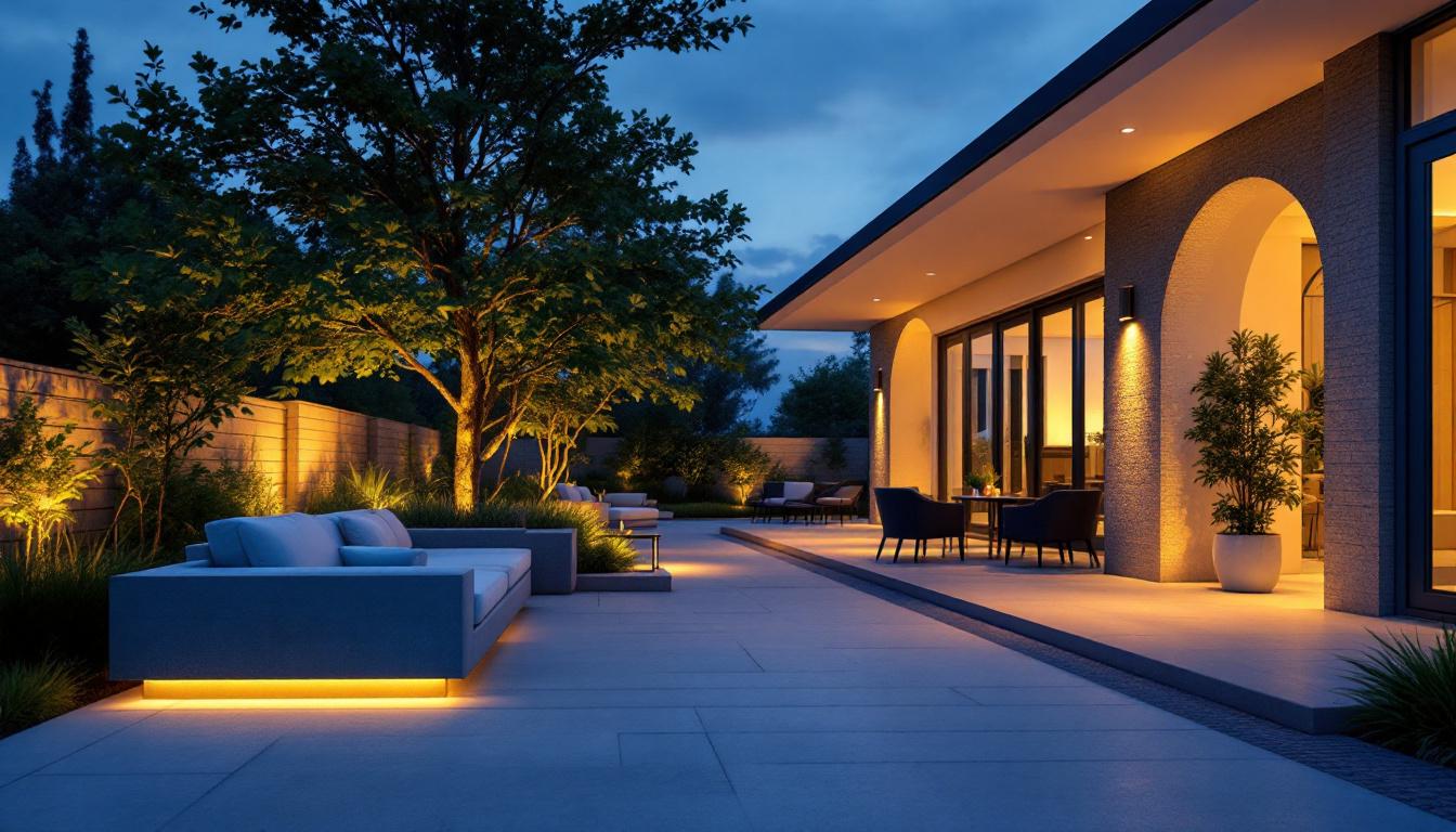 A photograph of a beautifully designed outdoor space illuminated by stylish solar fixtures at dusk