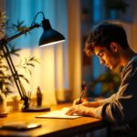 A photograph of a well-lit study space featuring a stylish desk lamp