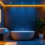 A photograph of a modern bathroom featuring sleek led lighting installations