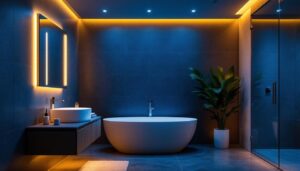 A photograph of a modern bathroom featuring sleek led lighting installations
