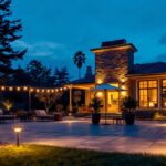 A photograph of a beautifully illuminated outdoor space at dusk