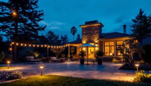A photograph of a beautifully illuminated outdoor space at dusk