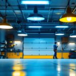 A photograph of a well-lit garage featuring various led light fixtures installed in an organized and aesthetically pleasing manner