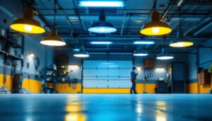 A photograph of a well-lit garage featuring various led light fixtures installed in an organized and aesthetically pleasing manner
