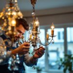A photograph of a skilled lighting contractor carefully replacing a chandelier part