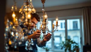 A photograph of a skilled lighting contractor carefully replacing a chandelier part