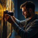 A photograph of a skilled lighting contractor meticulously adjusting the illumination of an art piece in a museum setting