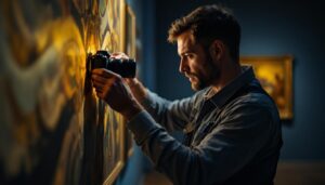A photograph of a skilled lighting contractor meticulously adjusting the illumination of an art piece in a museum setting