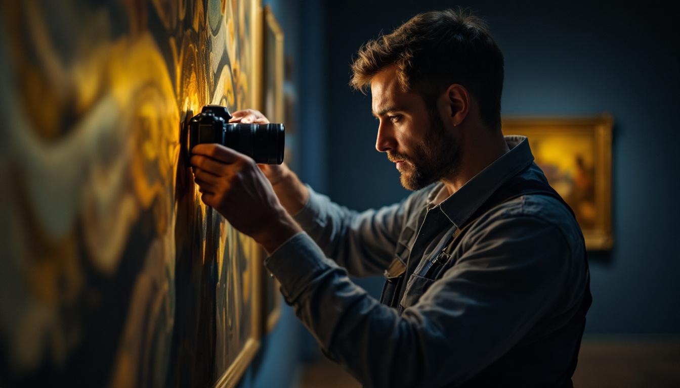 A photograph of a skilled lighting contractor meticulously adjusting the illumination of an art piece in a museum setting
