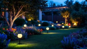 A photograph of a beautifully illuminated garden at dusk featuring solar-powered globe lights in various settings
