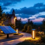 A photograph of a well-lit outdoor setting showcasing a solar lighting installation in use