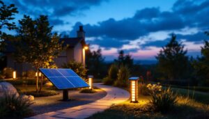 A photograph of a well-lit outdoor setting showcasing a solar lighting installation in use