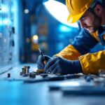 A photograph of a lighting contractor efficiently working on a project
