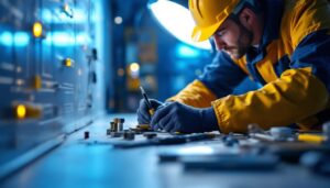 A photograph of a lighting contractor efficiently working on a project