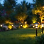 A photograph of a beautifully landscaped outdoor space featuring solar lights in various settings