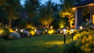 A photograph of a beautifully landscaped outdoor space featuring solar lights in various settings