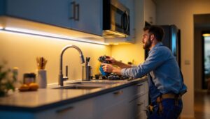 A photograph of a well-lit kitchen featuring under cabinet led tape lighting