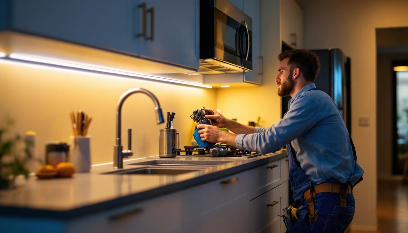 A photograph of a well-lit kitchen featuring under cabinet led tape lighting