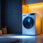 A photograph of a modern laundry room featuring a sleek outlet washing machine