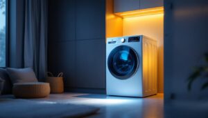 A photograph of a modern laundry room featuring a sleek outlet washing machine