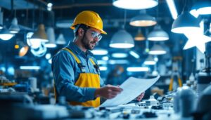 A photograph of a skilled lighting contractor at work