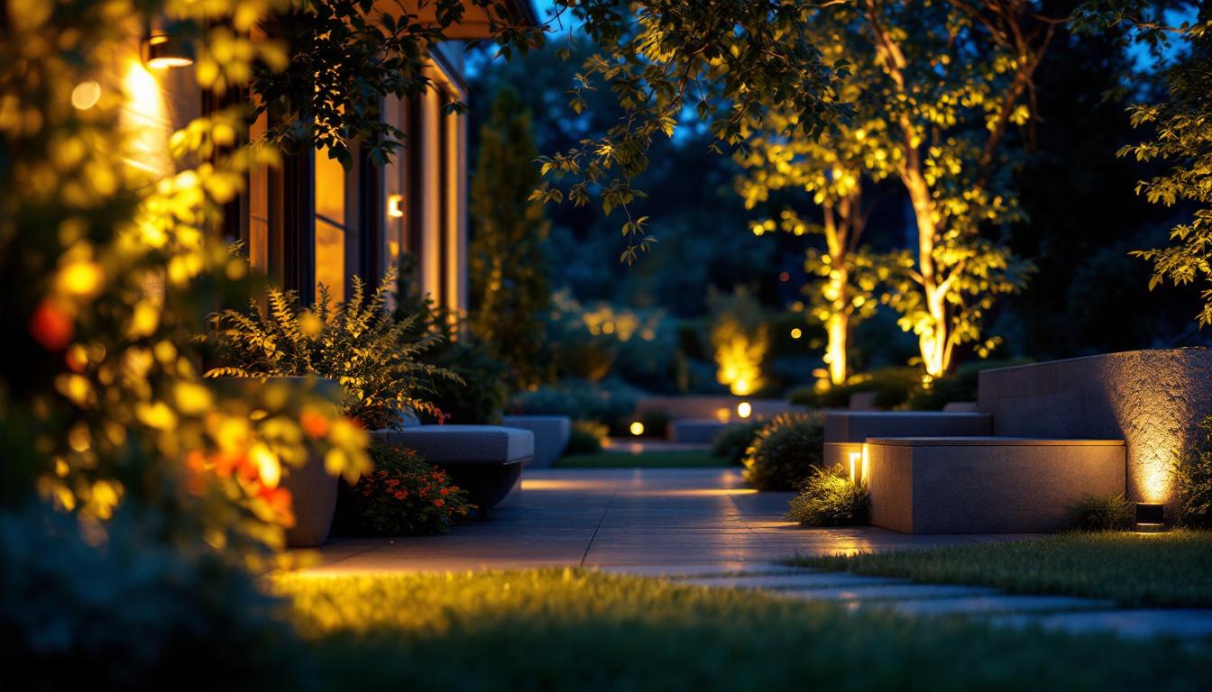 A photograph of a beautifully illuminated outdoor space featuring motion sensor lighting in action
