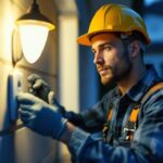 A photograph of a lighting contractor installing an auto motion sensor in a residential setting