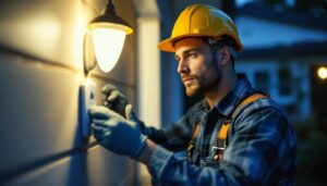 A photograph of a lighting contractor installing an auto motion sensor in a residential setting