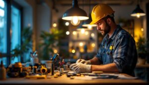 A photograph of a lighting contractor in action
