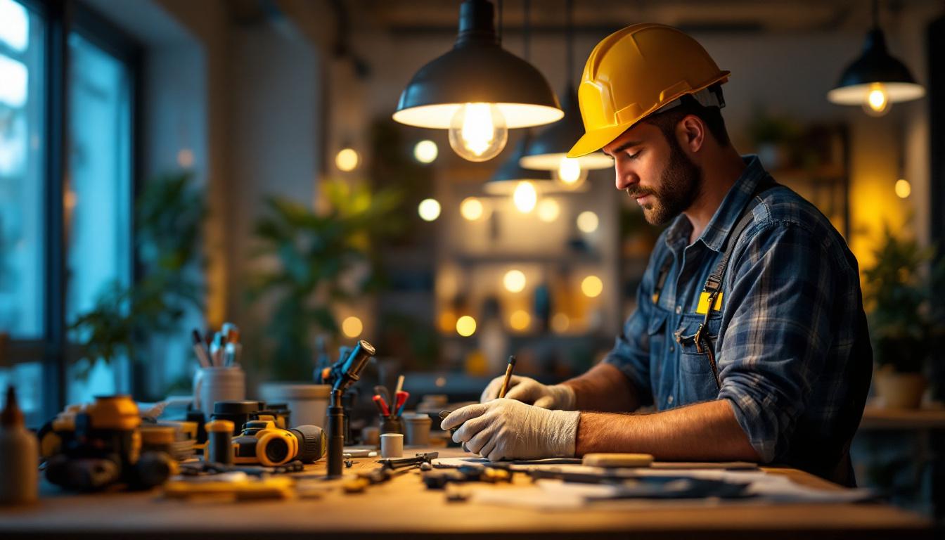 A photograph of a lighting contractor in action