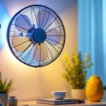 A photograph of a stylish wall mount fan with an integrated light fixture installed in a modern interior setting