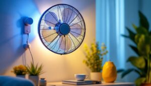 A photograph of a stylish wall mount fan with an integrated light fixture installed in a modern interior setting