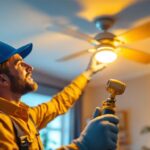 A photograph of a skilled lighting contractor examining a stylish ceiling fan in a well-lit room