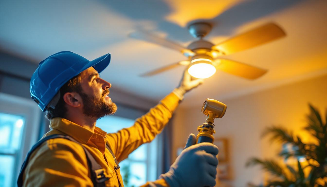 A photograph of a skilled lighting contractor examining a stylish ceiling fan in a well-lit room