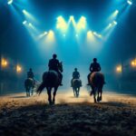 A photograph of a well-lit indoor riding arena showcasing the dynamic interaction between horses and riders