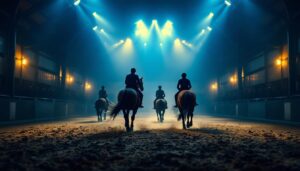 A photograph of a well-lit indoor riding arena showcasing the dynamic interaction between horses and riders