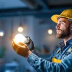 A photograph of a skilled lighting contractor installing or examining a 120v led light bulb in a modern residential or commercial setting
