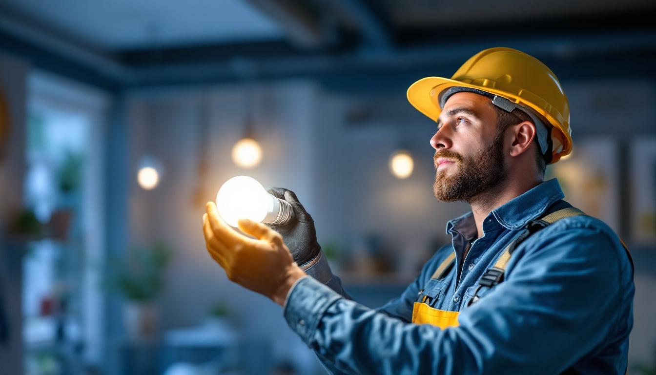A photograph of a skilled lighting contractor installing or examining a 120v led light bulb in a modern residential or commercial setting