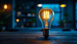 A photograph of a vintage light bulb alongside modern led bulbs to visually contrast the evolution of lighting technology
