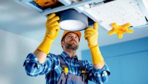 A photograph of a lighting contractor installing a light fixture box in a ceiling