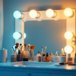 A photograph of a beautifully lit bathroom vanity featuring a variety of light bulbs specifically designed for makeup application