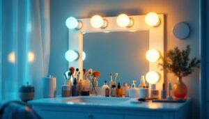 A photograph of a beautifully lit bathroom vanity featuring a variety of light bulbs specifically designed for makeup application