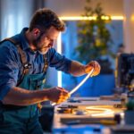 A photograph of capture a photograph of a lighting contractor skillfully installing flexible led strip lights in a modern interior setting