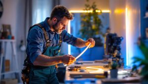 A photograph of capture a photograph of a lighting contractor skillfully installing flexible led strip lights in a modern interior setting