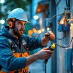 A photograph of a skilled lighting contractor working on a public outlet installation