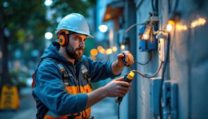 A photograph of a skilled lighting contractor working on a public outlet installation