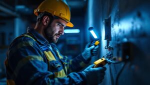 A photograph of a lighting contractor using a bright led magnet light in a workspace